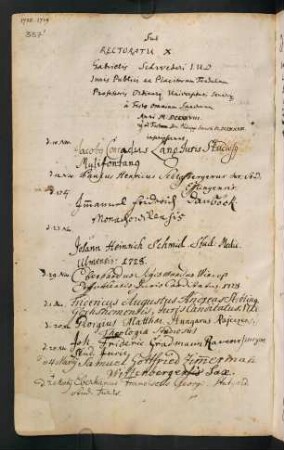 Winterhalbjahr 1728/1729. Rektorat Gabriel Schweder
