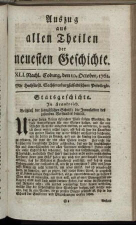XLI. Nachl. Coburg, den 10. October, 1761.