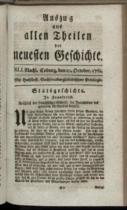 XLI. Nachl. Coburg, den 10. October, 1761.