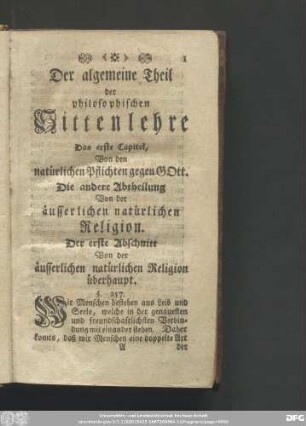 Die andere Abtheilung Von der äusserlichen natürlichen Religion.