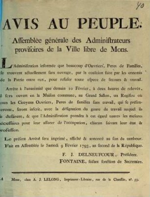 Avis Au Peuple. Assemblée générale des Administrateurs provisoires de la Ville libre de Mons