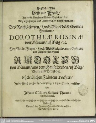 Geistlicher Adler Leid und Freud ... bey Leichbestattung des Frl. Dorothee Rosina Bünaw ...