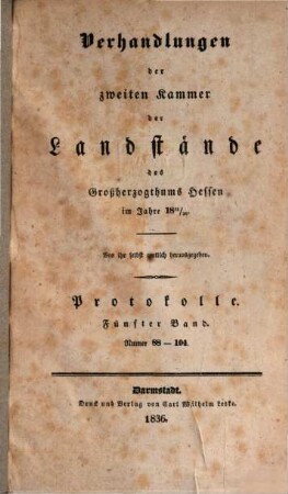Verhandlungen der Zweiten Kammer der Landstände des Großherzogthums Hessen. Protokolle. 1835/36,5 (1836)
