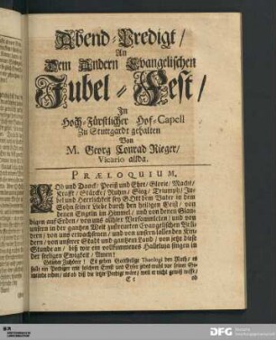 Abend-Predigt/ An Dem Andern Evangelischen Jubel-Fest...