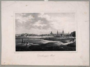 Stadtansicht von Dresden, Blick von der linken Elbseite in Höhe des Ostrageheges auf die Altstadt nach Südosten, im Vordergrund Spaziergänger