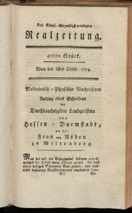 40tes Stück. Wien den 8ten Octob. 1774.