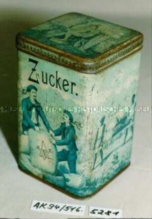 Blechdose für "Zucker." (Abbildung zweier Matrosen mit gefüllten Säcken)