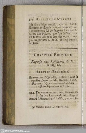 Chapitre Huitième. Réponse aux Objections de Mr. Roques
