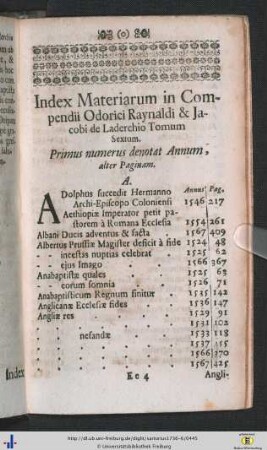 Index Materiarum in Compendii Odorici Raynaldi & Jacobi de Laderchio Tom. VI.