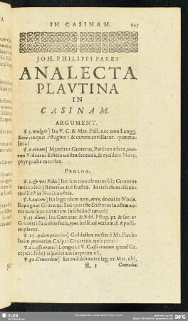 Joh. Philippi Parei Analecta Plautina In Casinam