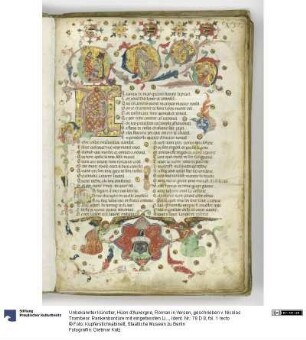 Hüon d'Auvergne, Roman in Versen, geschrieben v. Nicolas Trombeor. Rankenbordüre mit eingefassten Liebesszenen, darüber Wappen, unten ein Turnierhelm. Links oben Initiale A