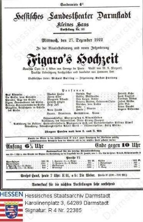 Darmstadt, Landestheater / Theaterzettel 1922 Dezember 27: 'Figaros Hochzeit' (Oper) von Wolfgang Amadeus Mozart (1756-1791)
