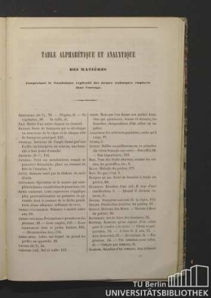 Table alphabétique et analytique des matières comprenant le vocabulaire explicatif des termes techniques employés dans l'ouvrage.