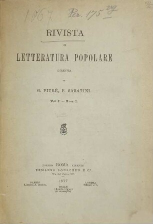 Rivista di letteratura popolare. 1,1. 1877