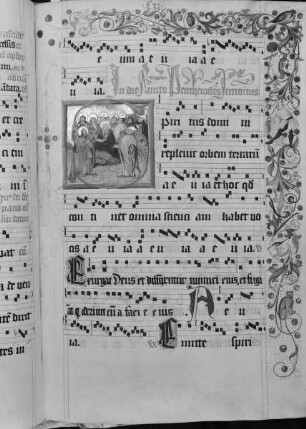 Graduale (Benediktinerhandschrift) — Textseite mit mehreren figürlichen Darstellungen, Folio 111recto