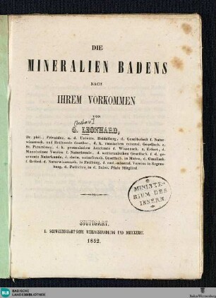 Die Mineralien Badens nach ihrem Vorkommen