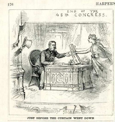 Just before the curtain went down : Columbia überreicht Chester Arthur die Pensionsliste der Armee, damit er General Grant eintragen kann