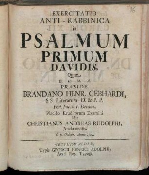 Exercitatio Anti-Rabbinica in Psalmum Primum Davidis