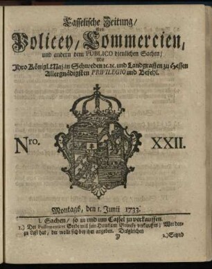 Nro. XXII, Montags, den 1. Junii 1733