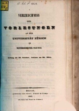 Verzeichnis der Vorlesungen, Behörden, Dozenten und Institute. 1843/44. WS