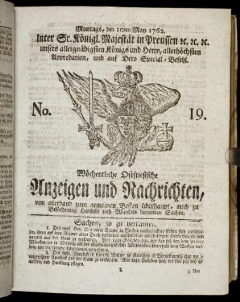 No. 19. Montags, den 10ten May 1762.