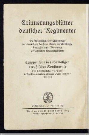 Das 4. Badische Infanterie-Regiment "Prinz Wilhelm" Nr. 112 im Weltkrieg