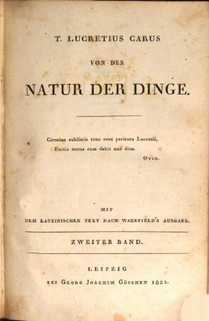 Von der Natur der Dinge : mit dem lateinischen Text nach Wakefield's Ausgabe, 2