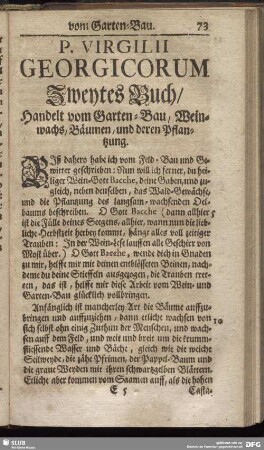 P. Virgilii Georgicorum Zweytes Buch, Handelt vom Garten-Bau, Weinwachs, Bäumen, und deren Pflanzung