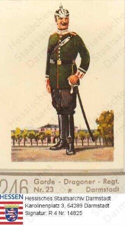Militär, Uniformen / Großherzoglich hessisches Garde-Dragoner-Regiment Nr. 23 / Wachtmeister in Darmstadt / Ganzfigur