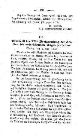 110. Protocoll der 22sten Versammlung der Section für vaterstädtische Angelegenheiten. : Montag den 6. Juli 1846.