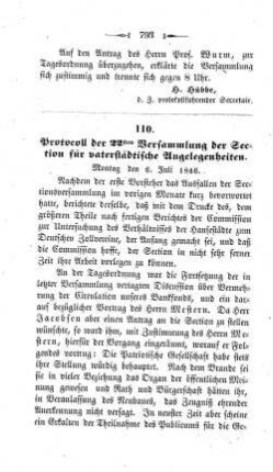 110. Protocoll der 22sten Versammlung der Section für vaterstädtische Angelegenheiten. : Montag den 6. Juli 1846.