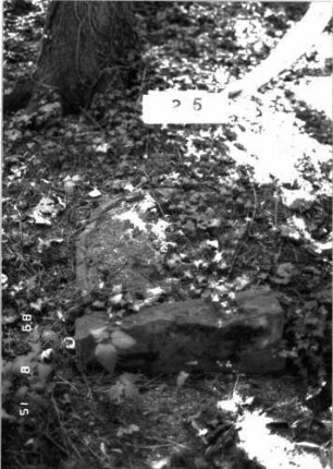 Grabstein 25 (Index: 100105615) Material: Sandstein Zustand: liegende Fragmente Beschreibung: Stele, eingezogener Rundbogenabschluß, Schriftfeld eingetieft: Grabstein 25