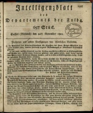 65tes Stueck, (Mitwoch) den 22ten November 1809