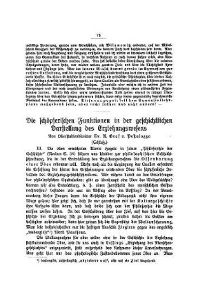 Die schöpferischen Funktionen in der geschichtlichen Darstellung des Erziehungswesens : (Schluß)