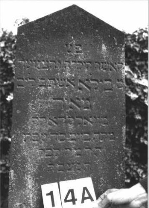Grabstein 14 (Index: 99808387) Material: Sandstein Zustand: verwittert Maße HxBxT: 137x45x23 cm Beschreibung: konische Stele, Sockel, giebelartiger Abschluß: Grabstein 14A