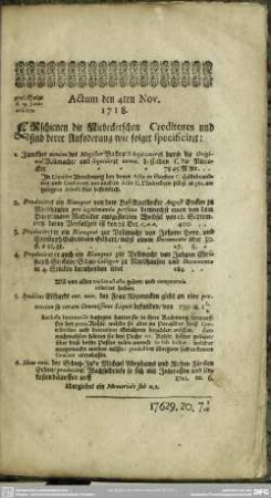 [Specificatio vom 4. Nov. 1718]