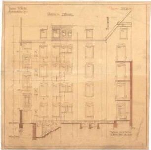 Billing, Hermann; Karlsruhe, Amalienstr. 67; Haus Walter - Werkplan, Hoffassade (Ansicht; Schnitt)