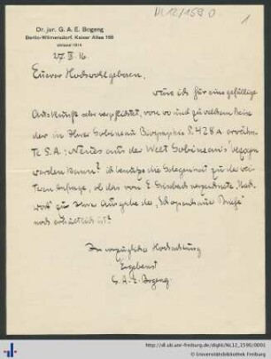 Nachlass L. Schemann (NL 12/1590) : Brief von Gustav A. E. Bogeng an Ludwig Schemann
