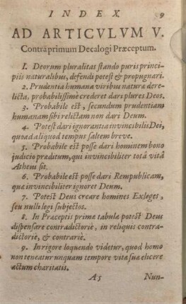 Index Ad Articulum V. Contra primum Decalogi Praeceptum.