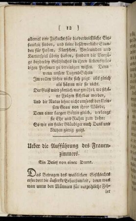 Ueber die Aufführung des Frauenzimmers.
