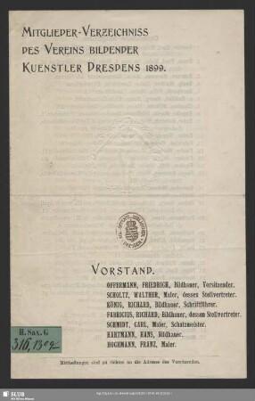 1900: Mitglieder-Verzeichniss des Vereins Bildender Künstler Dresdens