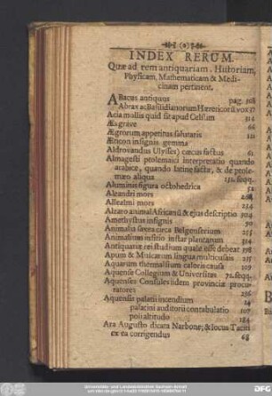 Index Rerum. Quae rem antiquarum, Historiam, Physicam, Mathematicam & Medicinam pertinent.
