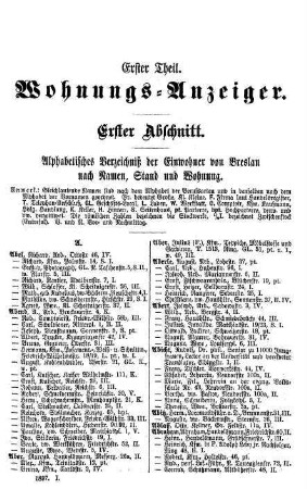 Erster Theil. Wohnungs-Anzeiger. Erster Abschnitt.