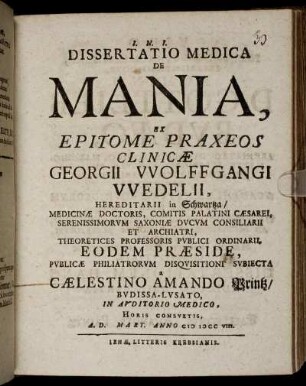 Dissertatio Medica De Mania