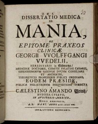 Dissertatio Medica De Mania