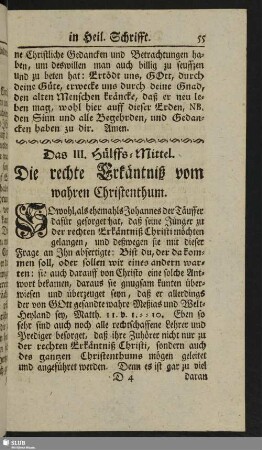 Das III. Hülffs-Mittel. Die rechte Erkäntniß vom wahren Christenthum