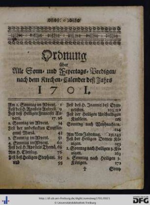 Ordnung über alle Sonn- und Feyertags-Predigen nach dem Kirchen-Calender deß Jahrs 1701.