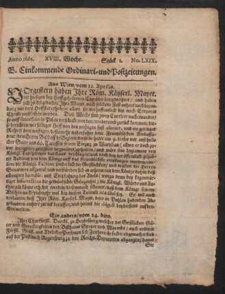 Anno 1665. XVIII. Woche. Stück 1. No. LXIX.
