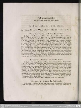 Schulnachrichten von Michaelis 1865 bis dahin 1866