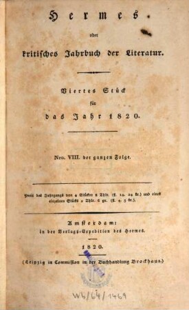 Hermes oder kritisches Jahrbuch der Literatur. 1820,4